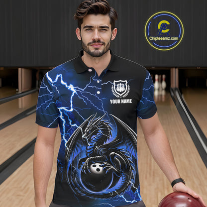 Personalized Black And Blue Thunder Lightning Dragon Bowling Shirts For Men, Bowling Team Uniform NQS10295