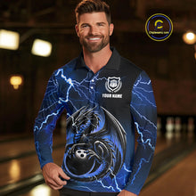 Load image into Gallery viewer, Personalized Black And Blue Thunder Lightning Dragon Bowling Shirts For Men, Bowling Team Uniform NQS10295