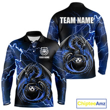 Load image into Gallery viewer, Personalized Black And Blue Thunder Lightning Dragon Bowling Shirts For Men, Bowling Team Uniform NQS10295
