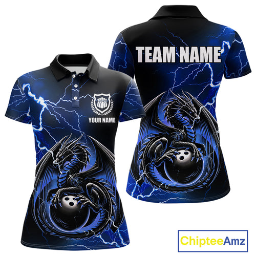 Personalized Black And Blue Thunder Lightning Dragon Bowling Shirts For Women, Bowling Team Uniform NQS10295