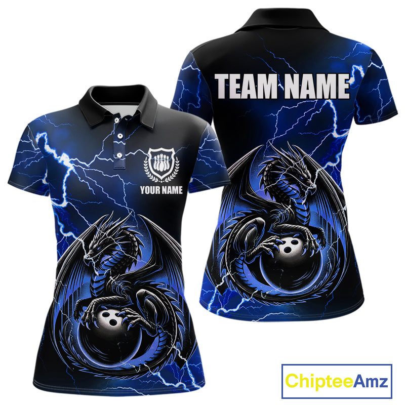 Personalized Black And Blue Thunder Lightning Dragon Bowling Shirts For Women, Bowling Team Uniform NQS10295