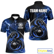Load image into Gallery viewer, Personalized Black And Blue Thunder Lightning Dragon Bowling Shirts For Men, Bowling Team Uniform NQS10295