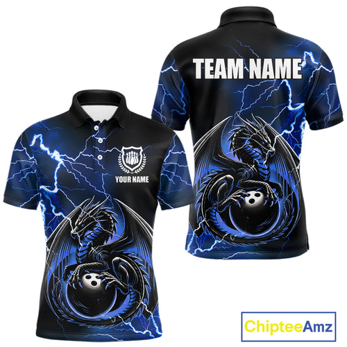 Personalized Black And Blue Thunder Lightning Dragon Bowling Shirts For Men, Bowling Team Uniform NQS10295
