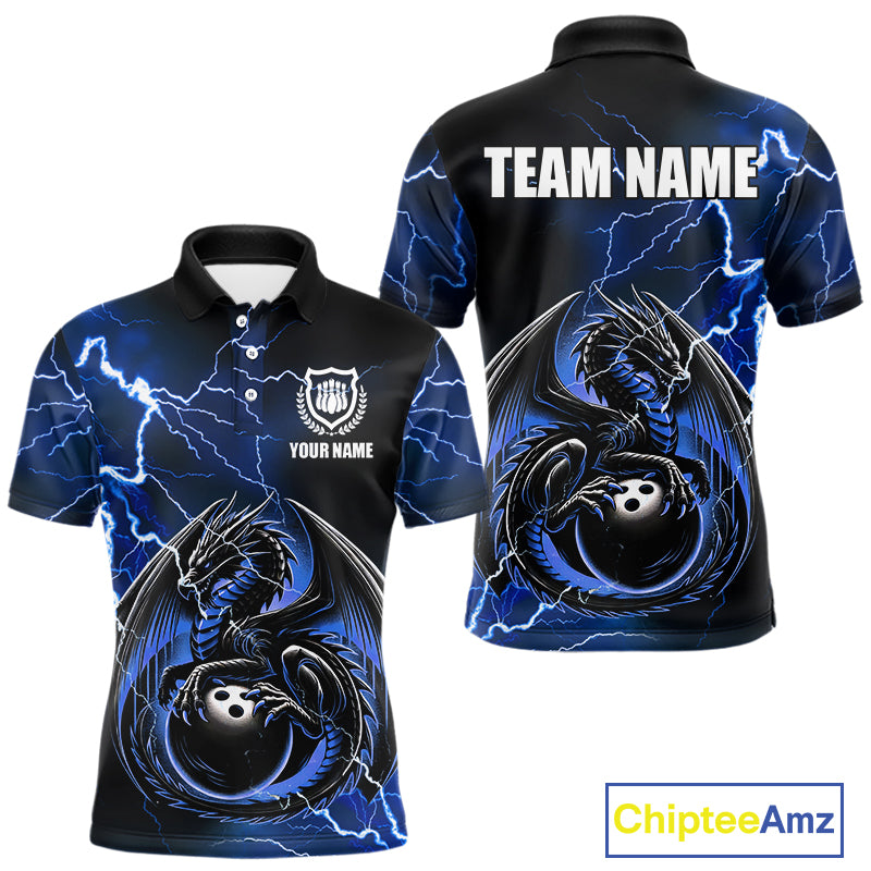 Personalized Black And Blue Thunder Lightning Dragon Bowling Shirts For Men, Bowling Team Uniform NQS10295