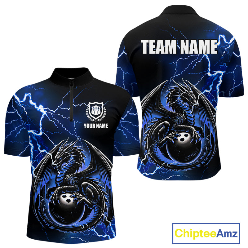 Personalized Black And Blue Thunder Lightning Dragon Bowling Shirts For Men, Bowling Team Uniform NQS10295