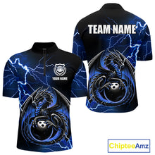 Load image into Gallery viewer, Personalized Black And Blue Thunder Lightning Dragon Bowling Shirts For Men, Bowling Team Uniform NQS10295