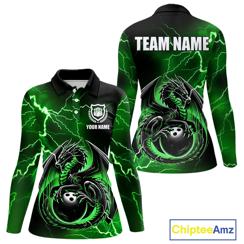 Personalized Black And Green Thunder Lightning Dragon Bowling Shirts For Women, Bowling Team Uniform NQS10296