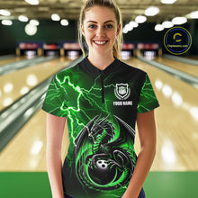 Load image into Gallery viewer, Personalized Black And Green Thunder Lightning Dragon Bowling Shirts For Women, Bowling Team Uniform NQS10296