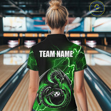 Load image into Gallery viewer, Personalized Black And Green Thunder Lightning Dragon Bowling Shirts For Women, Bowling Team Uniform NQS10296