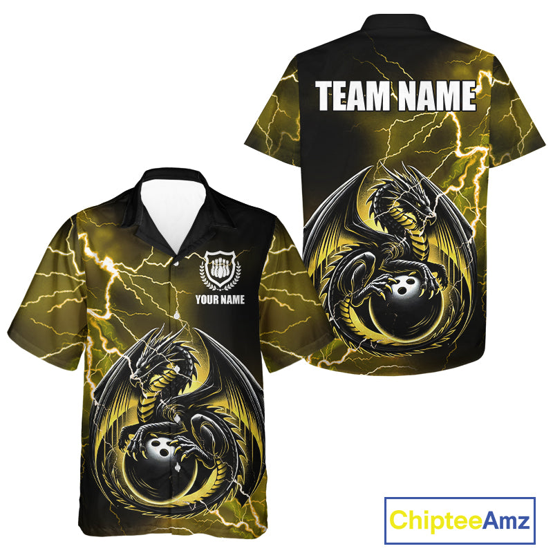 Personalized Black And Yellow Thunder Lightning Dragon Bowling Hawaiian Shirt, Bowling Team Uniform NQS10297