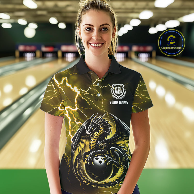 Personalized Black And Yellow Thunder Lightning Dragon Bowling Shirts For Women, Bowling Team Uniform NQS10297