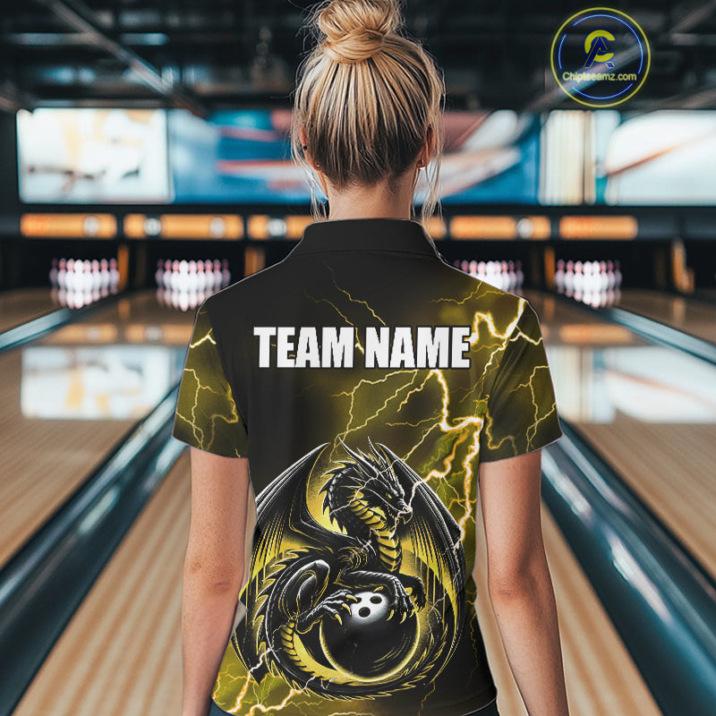Personalized Black And Yellow Thunder Lightning Dragon Bowling Shirts For Women, Bowling Team Uniform NQS10297