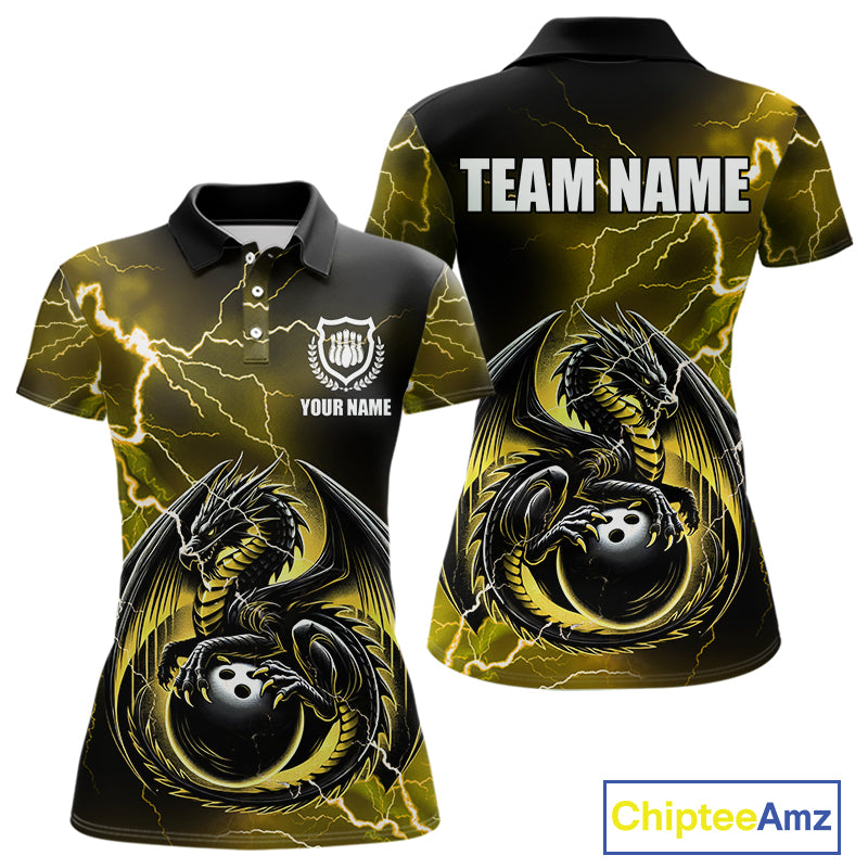 Personalized Black And Yellow Thunder Lightning Dragon Bowling Shirts For Women, Bowling Team Uniform NQS10297