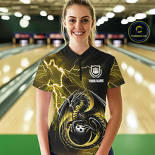 Load image into Gallery viewer, Personalized Black And Yellow Thunder Lightning Dragon Bowling Shirts For Women, Bowling Team Uniform NQS10297