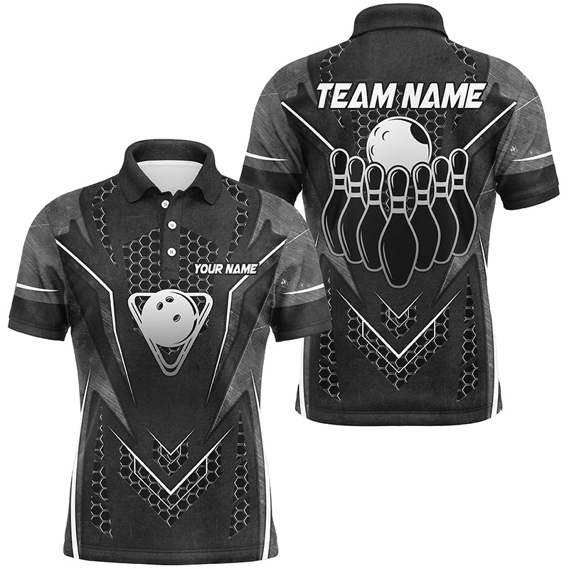 Black Hexagon pattern bowling ball and pins Mens bowling shirts custom Team bowling league jerseys NQS8328
