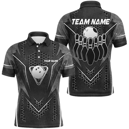 Black Hexagon pattern bowling ball and pins Mens bowling shirts custom Team bowling league jerseys NQS8328