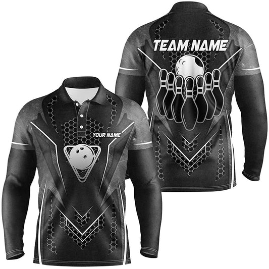 Black Hexagon pattern bowling ball and pins Mens bowling shirts custom Team bowling league jerseys NQS8328