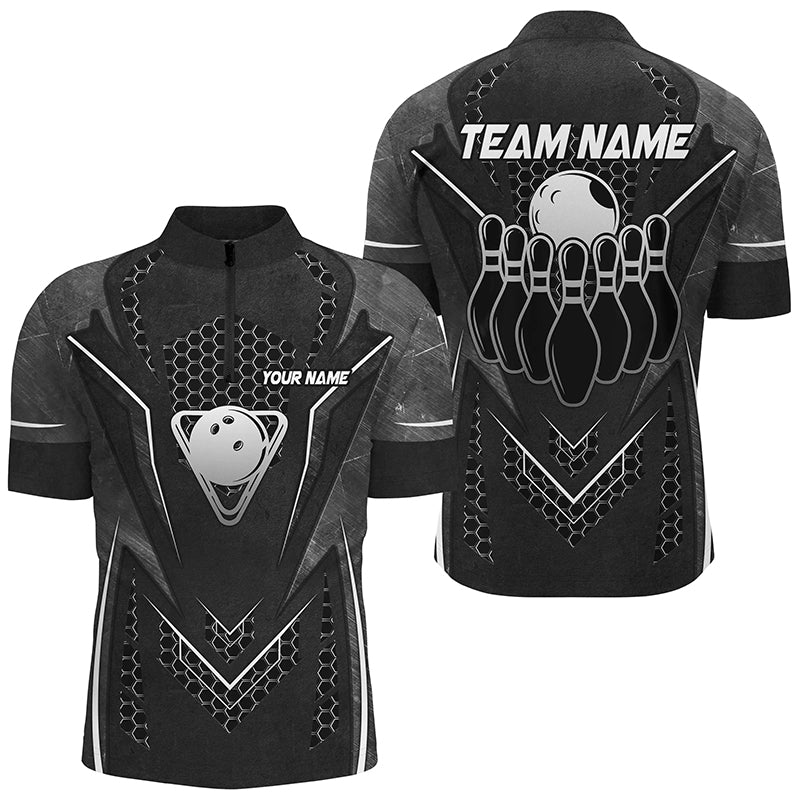 Black Hexagon pattern bowling ball and pins Mens bowling shirts custom Team bowling league jerseys NQS8328