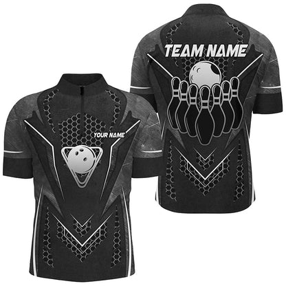 Black Hexagon pattern bowling ball and pins Mens bowling shirts custom Team bowling league jerseys NQS8328