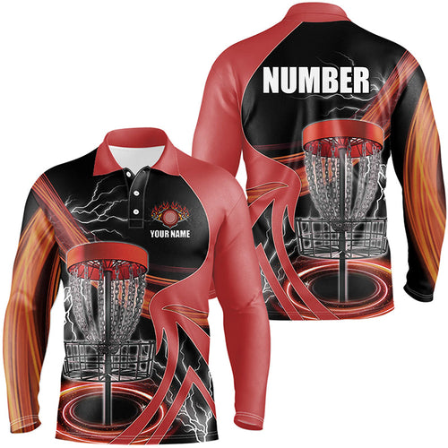 Mens disc golf polo shirt custom lightning thunder disc golf basket, disc golf jersey | Red NQS8528