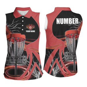 Women sleeveless polo shirt custom lightning thunder disc golf basket, disc golf jersey | Red NQS8528