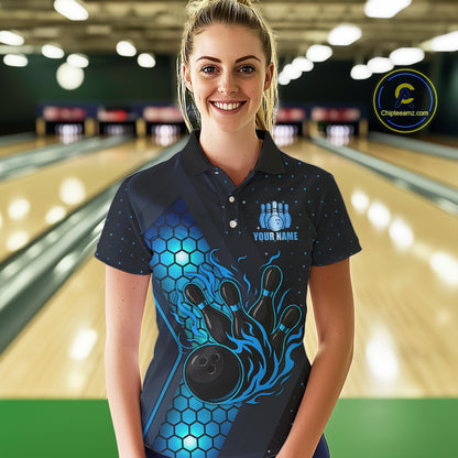 Black and Blue Flame Bowling Polo, 1/4 Zip Shirts for Women Custom Bowling Team Jersey Bowler Outfit NQS10925