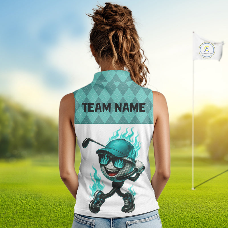 Turquoise argyle pattern Funny Flame Women Sleeveless golf polo shirt Custom team ladies Golf attire NQS11102