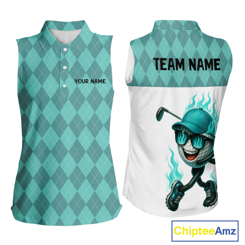 Turquoise argyle pattern Funny Flame Women Sleeveless golf polo shirt Custom team ladies Golf attire NQS11102