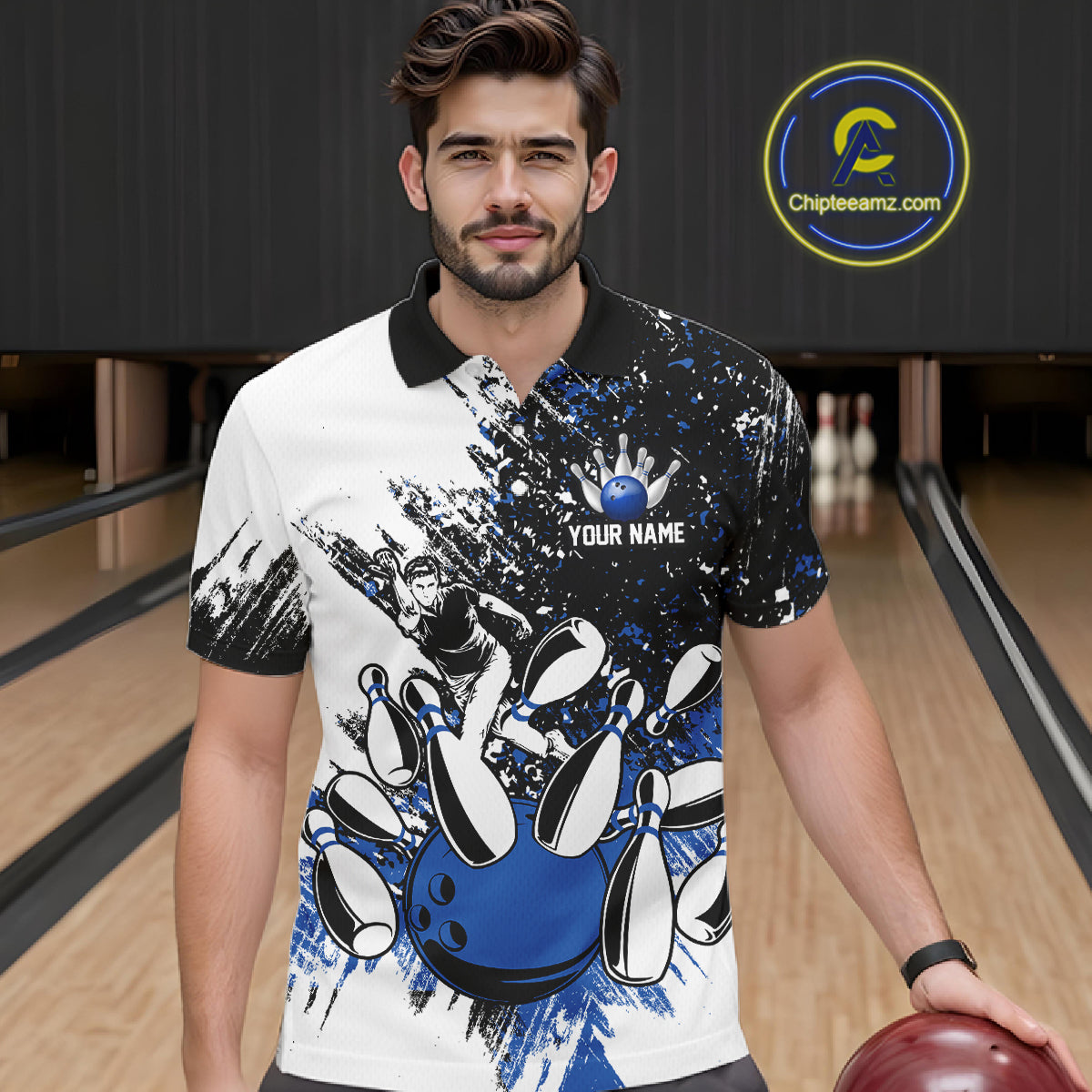 Black and White Men Bowling Polo, Quarter Zip Shirt Custom bowling jersey, mens bowling outfit | Blue NQS11305