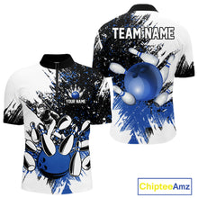 Load image into Gallery viewer, Black and White Men Bowling Polo, Quarter Zip Shirt Custom bowling jersey, mens bowling outfit | Blue NQS11305