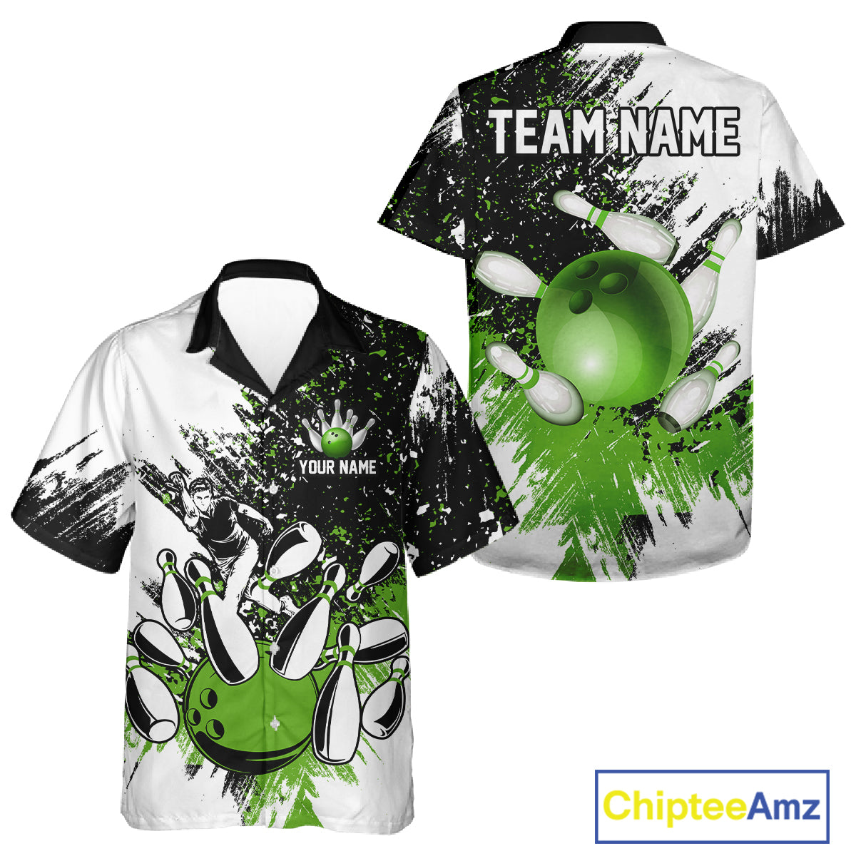 Black & White Women Bowling Hawaiian Shirt Custom bowling button-up shirt, bowling outfit | Green NQS11306