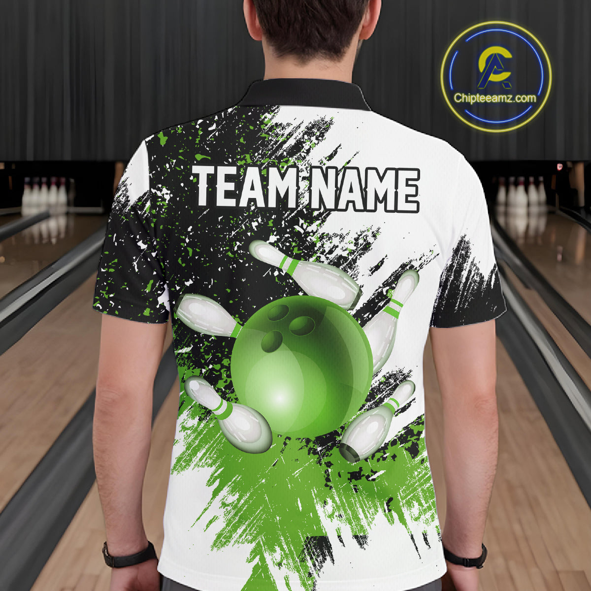 Black & White Men Bowling Polo, Quarter Zip Shirt Custom bowling jersey, mens bowling outfit | Green NQS11306
