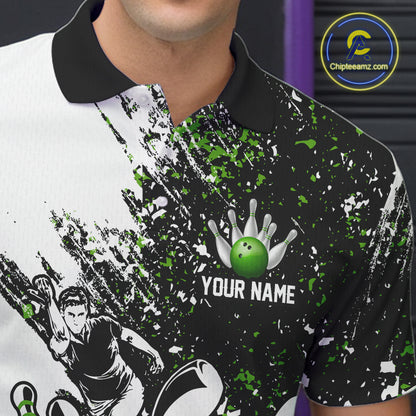 Black & White Men Bowling Polo, Quarter Zip Shirt Custom bowling jersey, mens bowling outfit | Green NQS11306