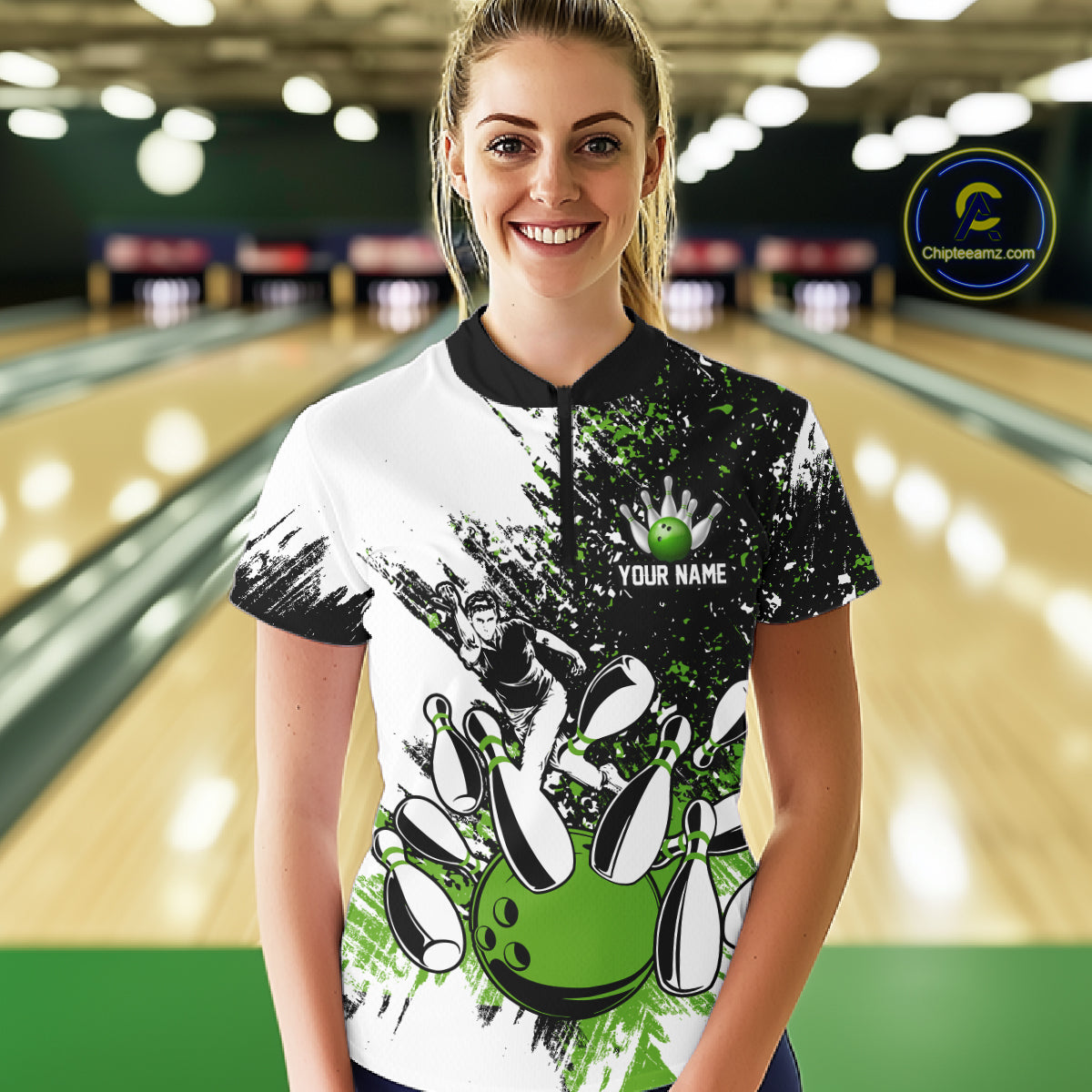 Black & White Women Bowling Polo, 1/4 Zip Shirts Custom bowling jersey, girls bowling outfit | Green NQS11306