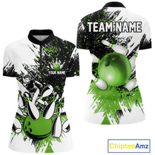 Load image into Gallery viewer, Black &amp; White Women Bowling Polo, 1/4 Zip Shirts Custom bowling jersey, girls bowling outfit | Green NQS11306