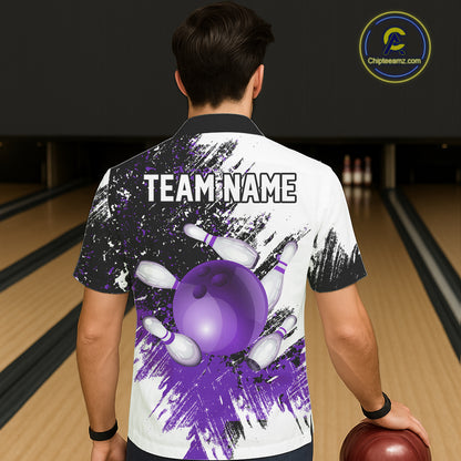 Black & White Women Bowling Hawaiian Shirt Custom bowling button-up shirt, bowling outfit | Purple NQS11307