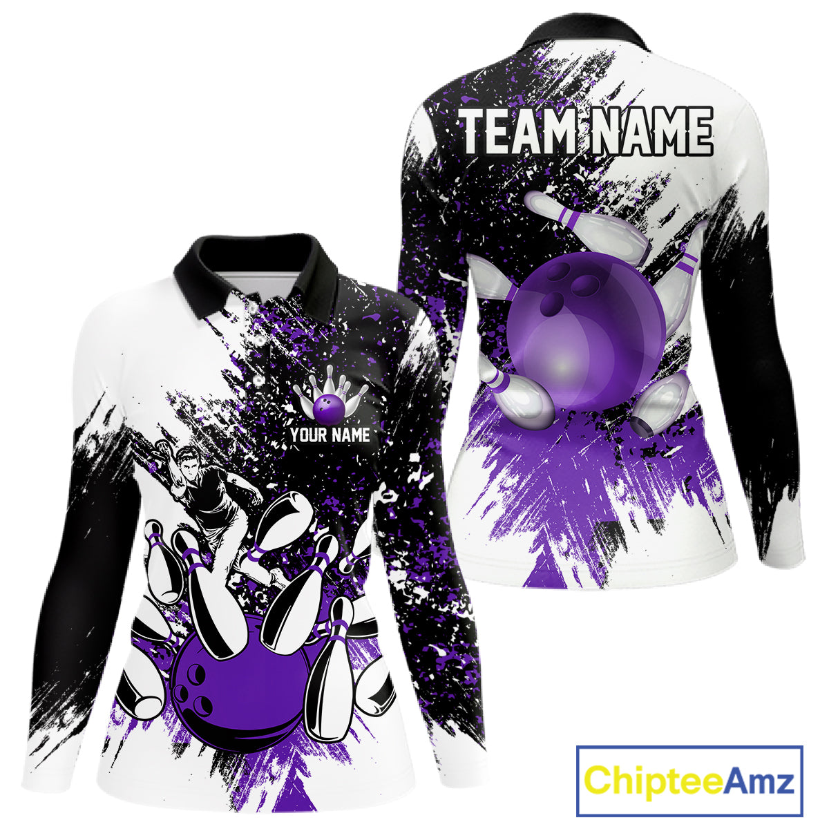 Black & White Women Bowling Polo, 1/4 Zip Shirts Custom bowling jersey, girls bowling outfit | Purple NQS11307