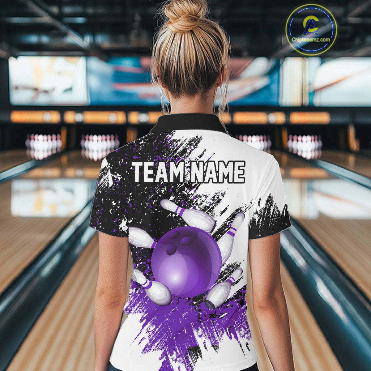 Black & White Women Bowling Polo, 1/4 Zip Shirts Custom bowling jersey, girls bowling outfit | Purple NQS11307