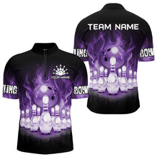 Load image into Gallery viewer, Black And Purple Flame Bowling ball pins Custom Bowling Shirts For Men, Bowling Team Shirt NQS9741