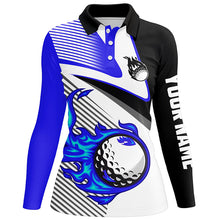 Load image into Gallery viewer, Womens golf polo shirts custom flame golf ball fire golf apparel for ladies, unique golf gifts | Blue NQS7520