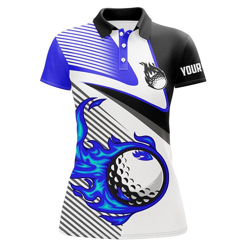 Womens golf polo shirts custom flame golf ball fire golf apparel for ladies, unique golf gifts | Blue NQS7520