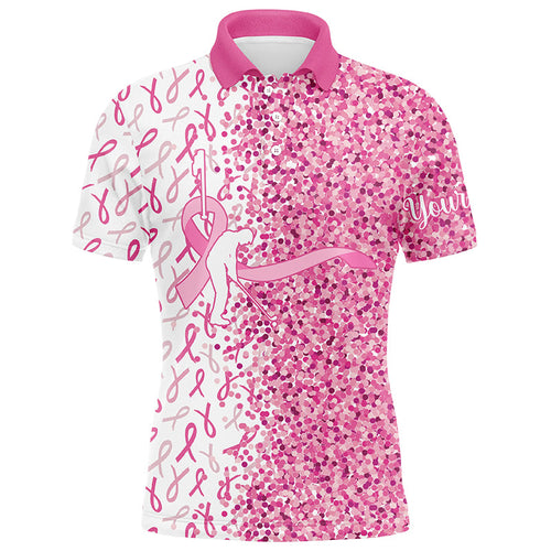 Pink glitter ribbon Men golf polo shirts custom breast cancer golf shirts for men, gifts for golfer NQS8106