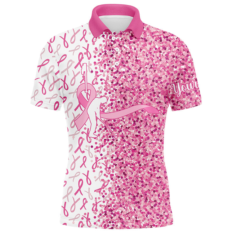 Pink glitter ribbon Men golf polo shirts custom breast cancer golf shirts for men, gifts for golfer NQS8106