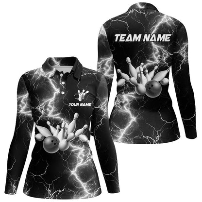 Women bowling shirt Custom black and white lightning thunder Bowling Team Jersey, gift for team Bowler NQS8534