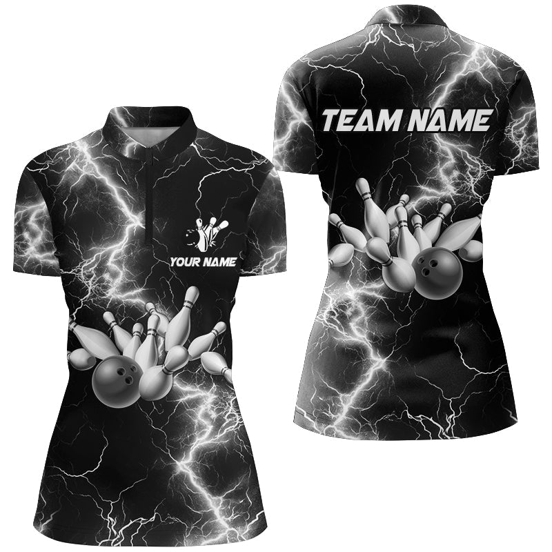 Women bowling shirt Custom black and white lightning thunder Bowling Team Jersey, gift for team Bowler NQS8534