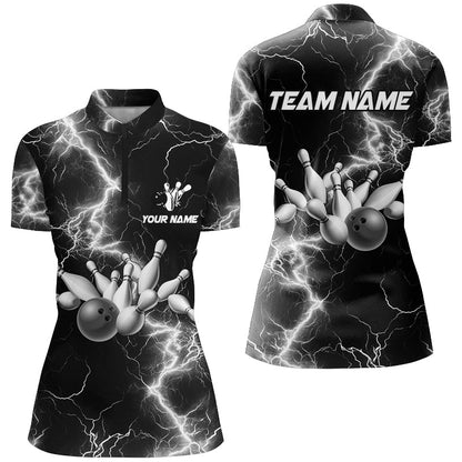 Women bowling shirt Custom black and white lightning thunder Bowling Team Jersey, gift for team Bowler NQS8534