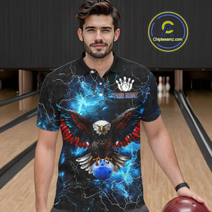 Blue Thunder Lightning American Flag Eagle Skull Mens Bowling Shirts Custom Bowling Team Jersey NQS10724