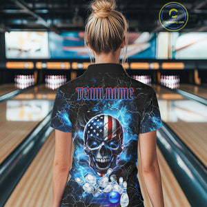 Blue Thunder Lightning American Flag Eagle Skull Women Bowling Shirts Custom Bowling Team Jersey NQS10724