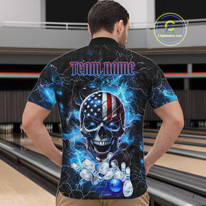 Blue Thunder Lightning American Flag Eagle Skull Mens Bowling Shirts Custom Bowling Team Jersey NQS10724