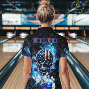 Blue Thunder Lightning American Flag Eagle Skull Women Bowling Shirts Custom Bowling Team Jersey NQS10724